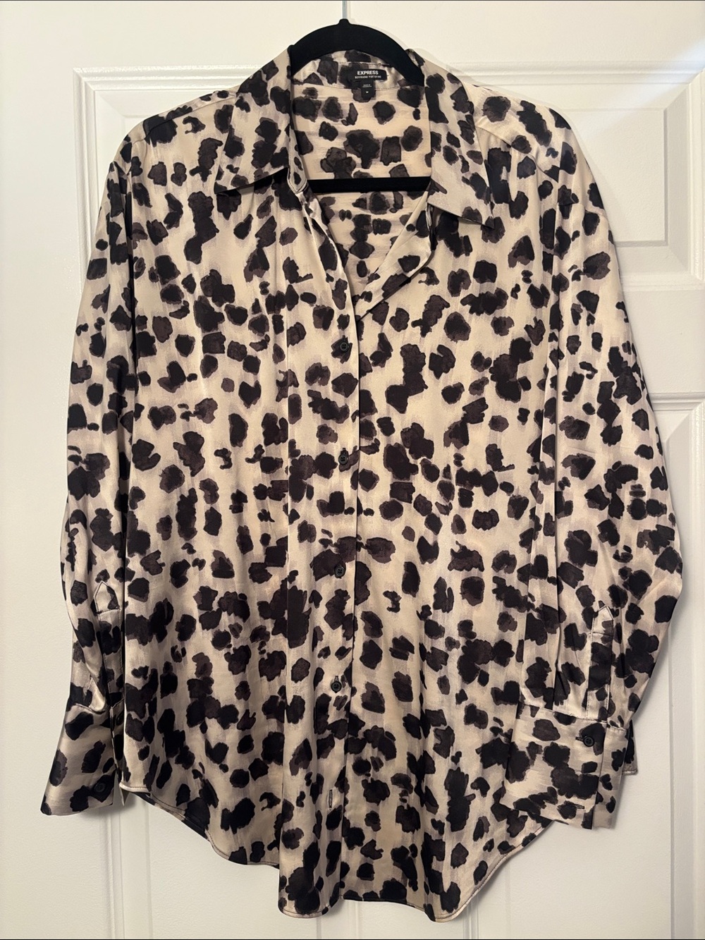 Express Animal-Print Button Boyfriend Shirt — Black and Cream